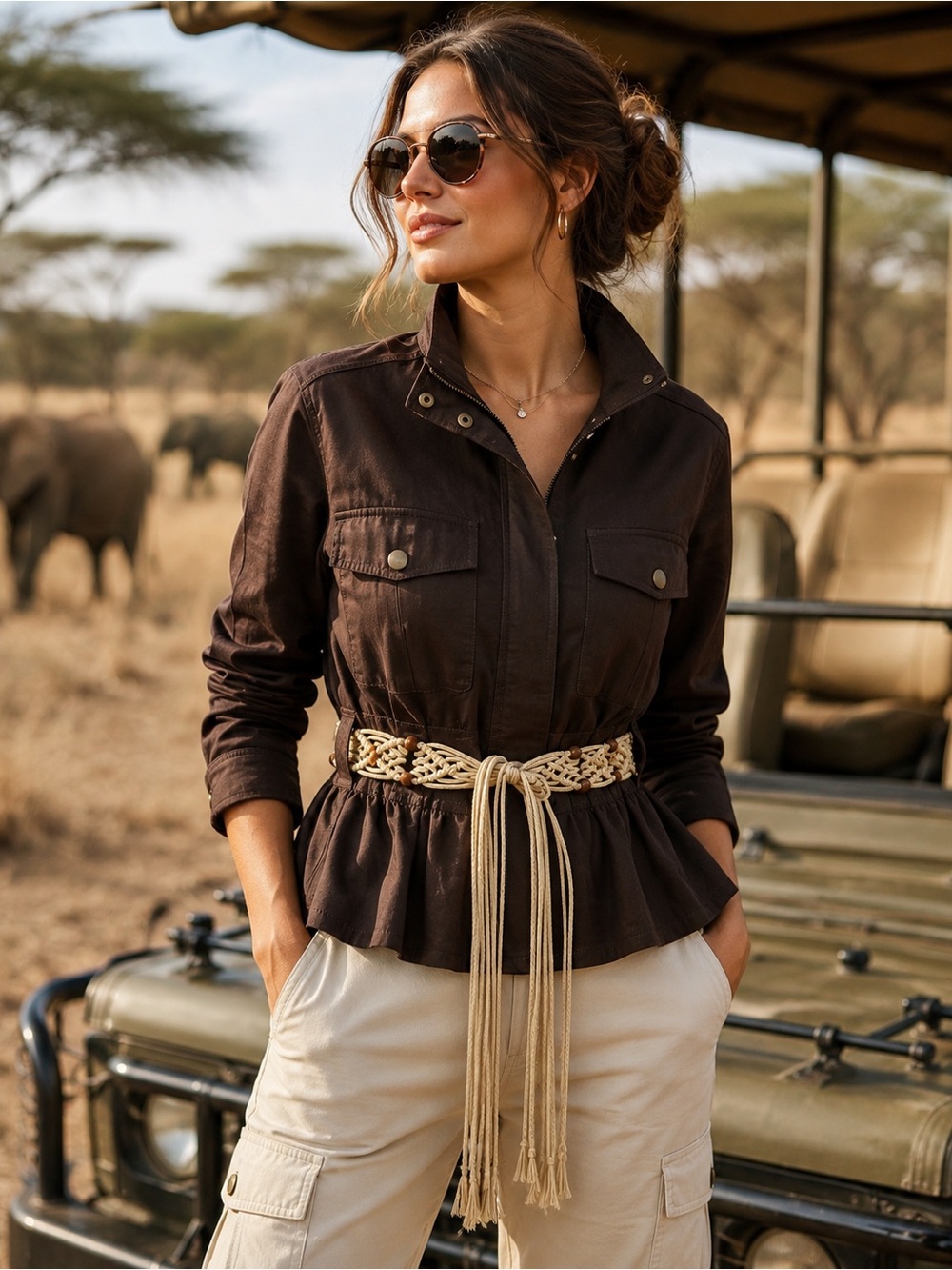 Banana Republic Petite M Brown‎ Linen Blend Utility Peplum Jacket Belted Safari